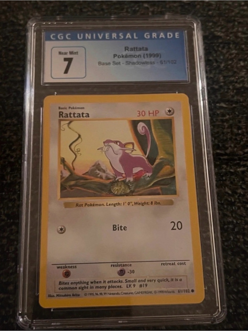 1999 Pokemon Base Shadowless Rattata Card - CGC 7 Blue Label